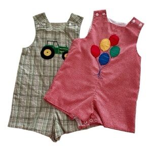 Bailey Boys Rompers, Two, Size 18 Months, Red w/Balloons & Green w/Tractor.